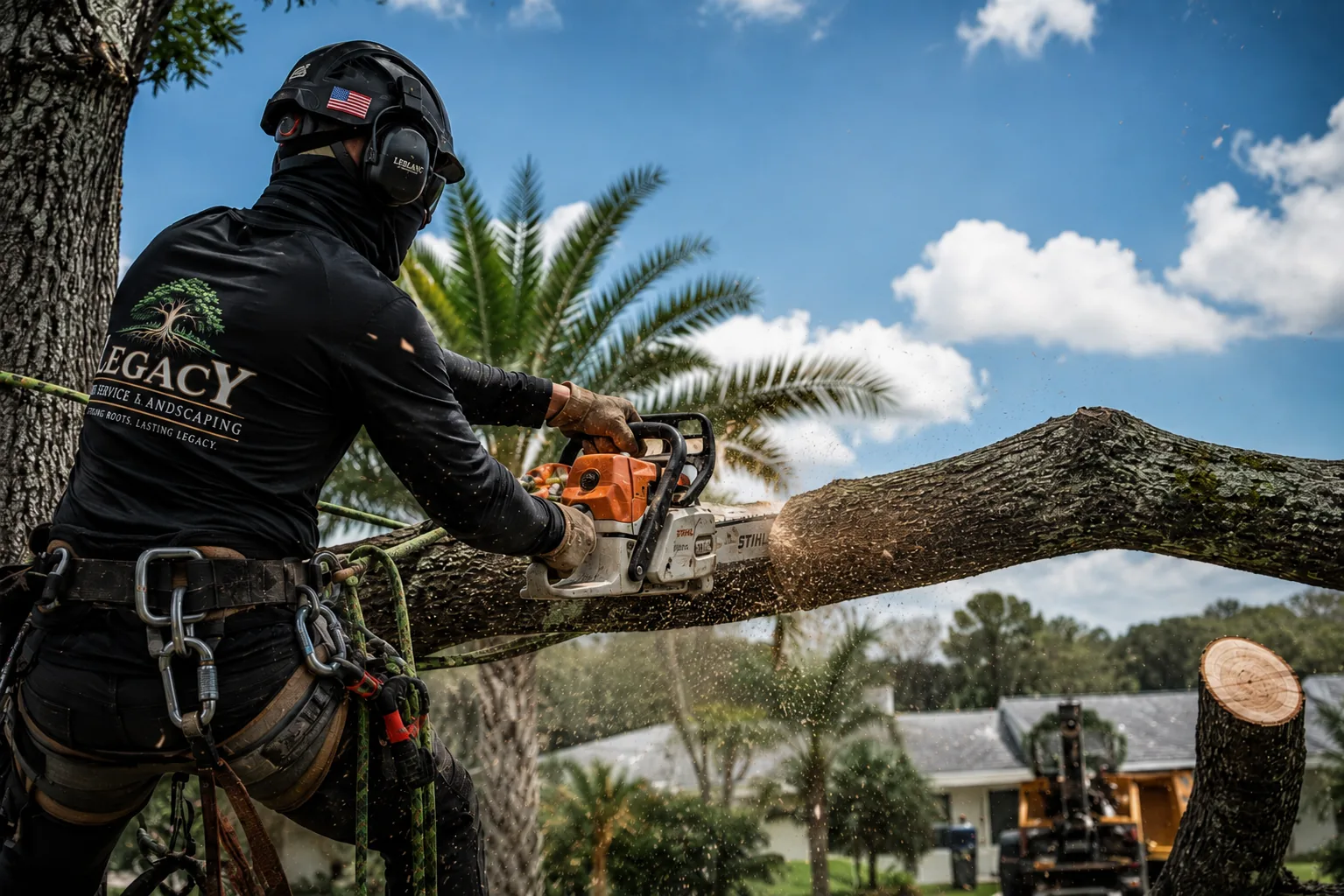 Legacy crew member rigged in a tree cutting a large limb with a chainsaw